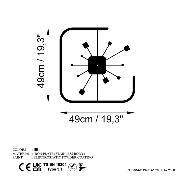 Wallity Reloj de Pared Decorativo Cuadrado de Metal Negro